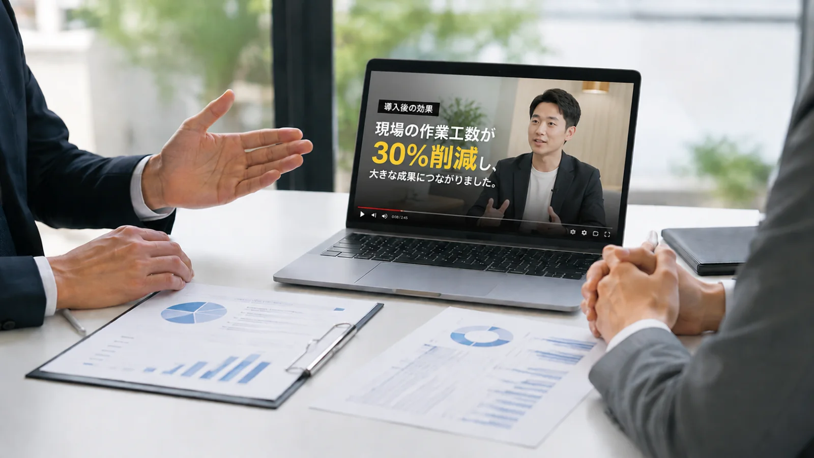 導入後の効果を紹介する動画をノートPCで視聴しながら商談する2人のビジネスパーソン